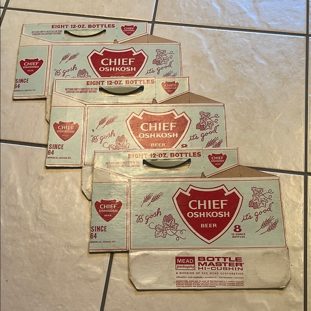 1960s Chief Oshkosh Wisconsin Beer 8 Pack Bottle Carrier Set of 3